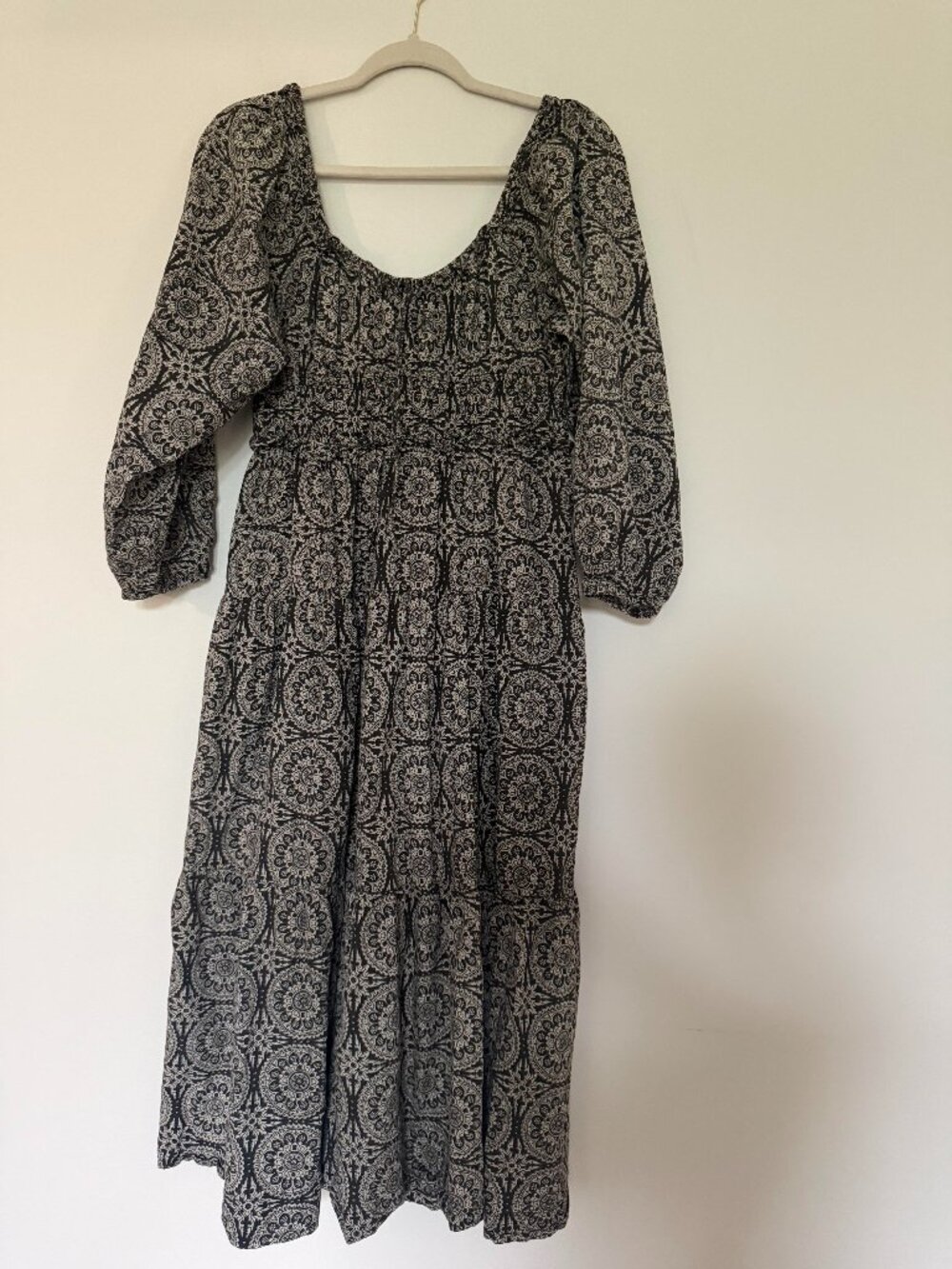 Anna Cate Floral Puff Sleeve Tiered Midi Dress Cotton Boho Cottagecore Black - S